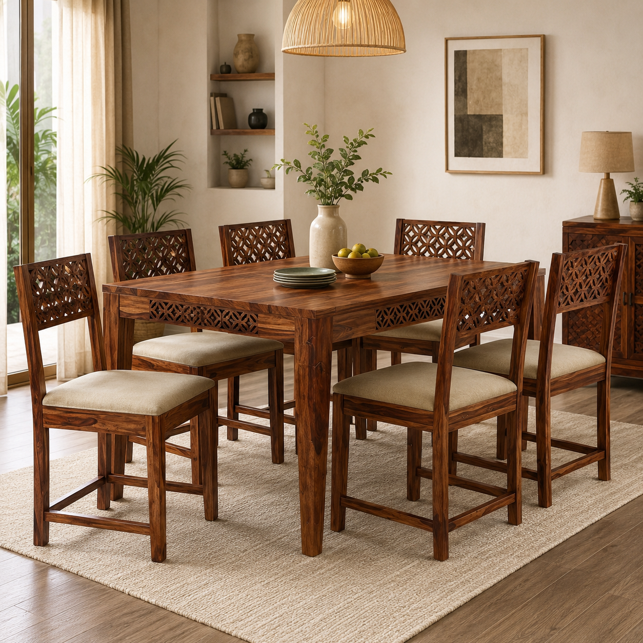 Wooden Flower 6 Seater dining table solid wood 6 seater dining set with cnc cut design