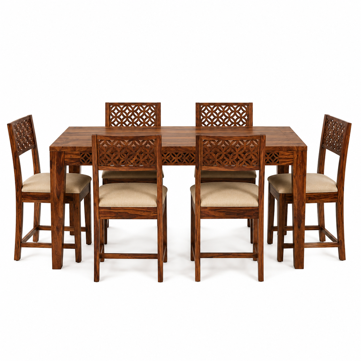 Wooden Flower 6 Seater dining table solid wood 6 seater dining set with cnc cut design
