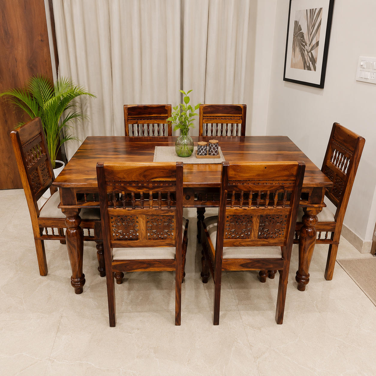 Ghirli 6 Seater Dining set solid wood 6 seater dining set with wooden CNC design