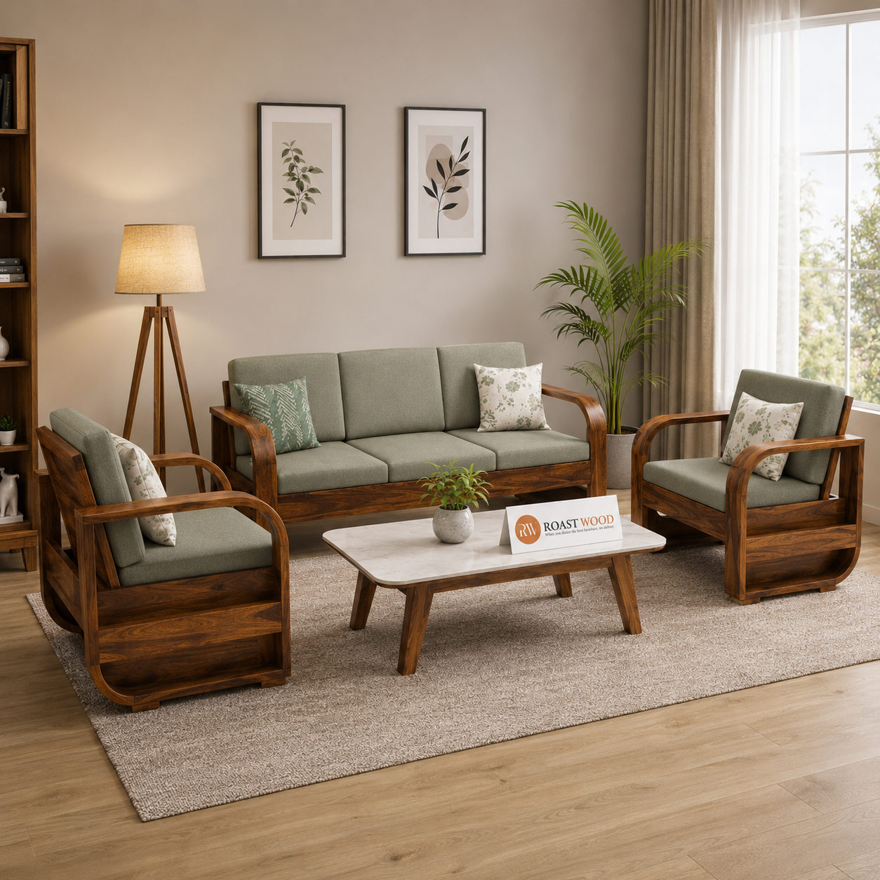 Sofa Set Pan Solid sheesham wood 5 seater sofa set with round arm design
