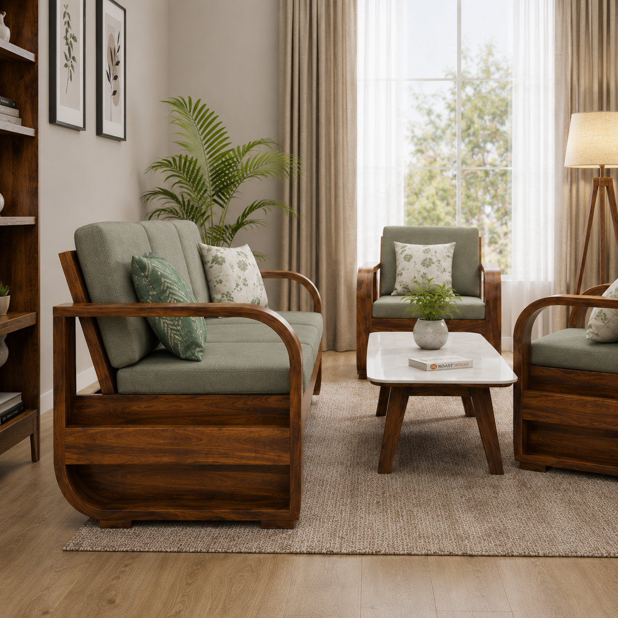 Sofa Set Pan Solid sheesham wood 5 seater sofa set with round arm design