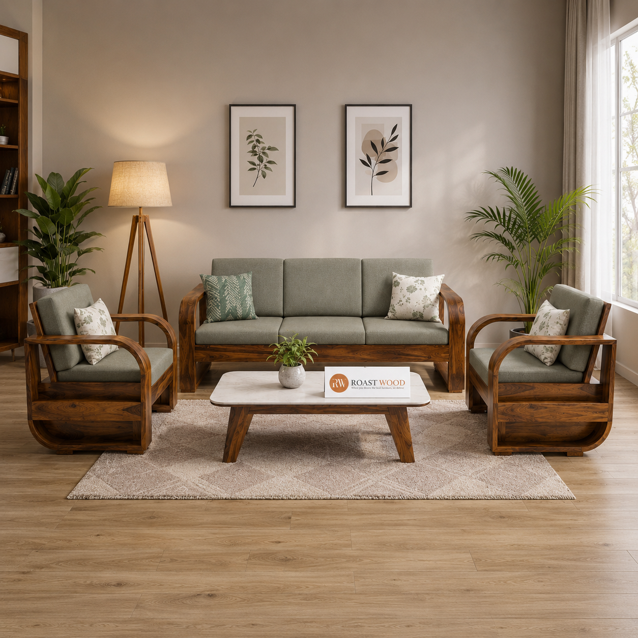 Sofa Set Pan Solid sheesham wood 5 seater sofa set with round arm design