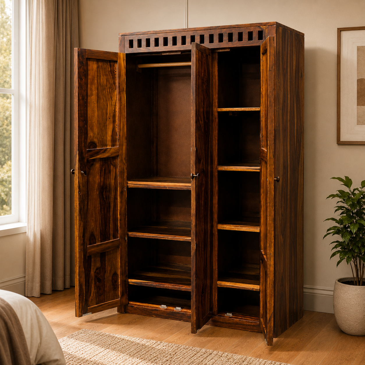Kuber Wardrobe Solid wood almirah with 3 doors and multishelf