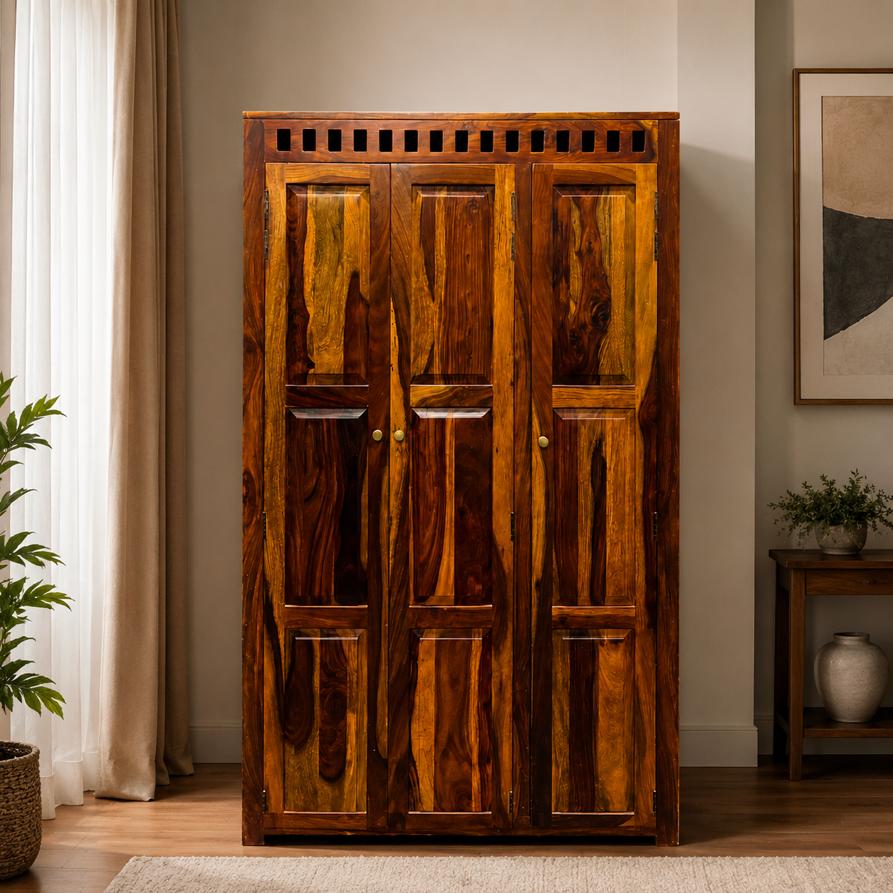 Kuber Wardrobe Solid wood almirah with 3 doors and multishelf