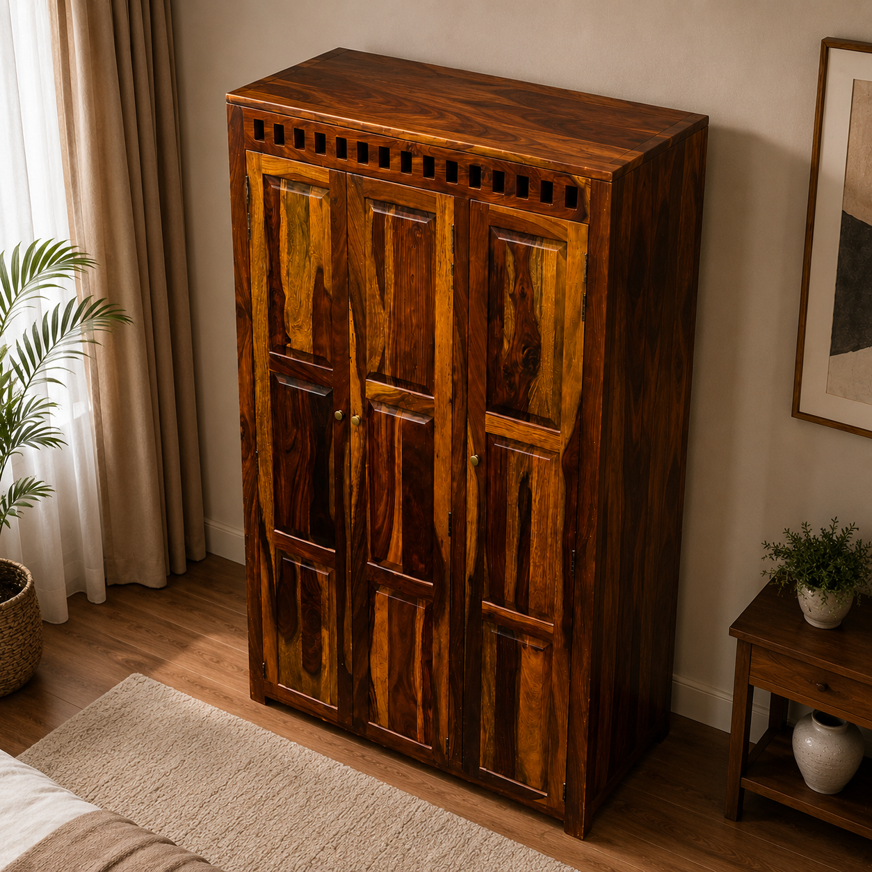 Kuber Wardrobe Solid wood almirah with 3 doors and multishelf