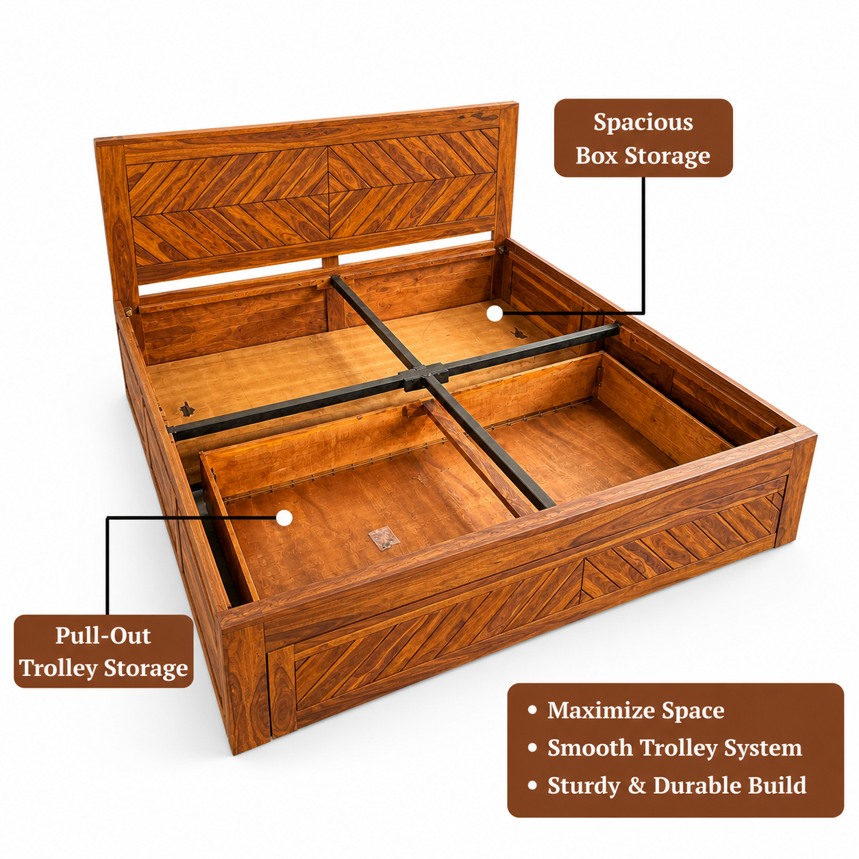 Squre cut king size Solid Sheesham Wood Bed with Drawer Storage