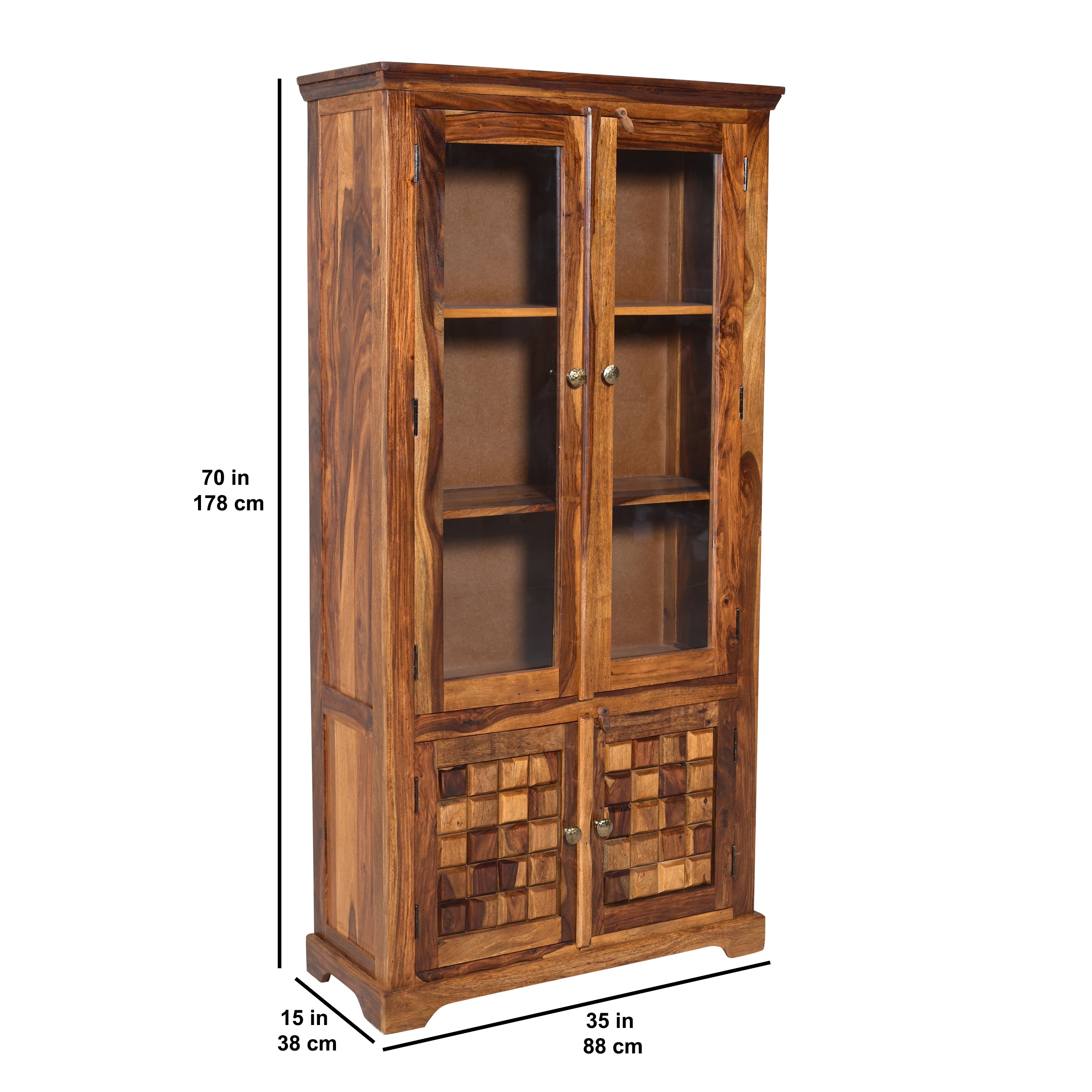 Crocekry Tile Solid Sheesham Wood Display Cabinet with Glass Doors & Handcrafted Block Design