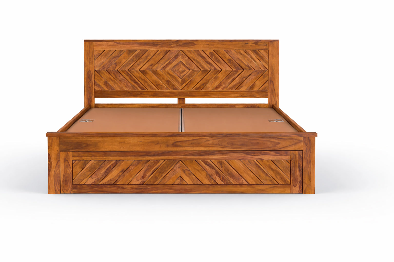 Solid Sheesham Wood Bed with Square Cut Pattern & Drawer Storage