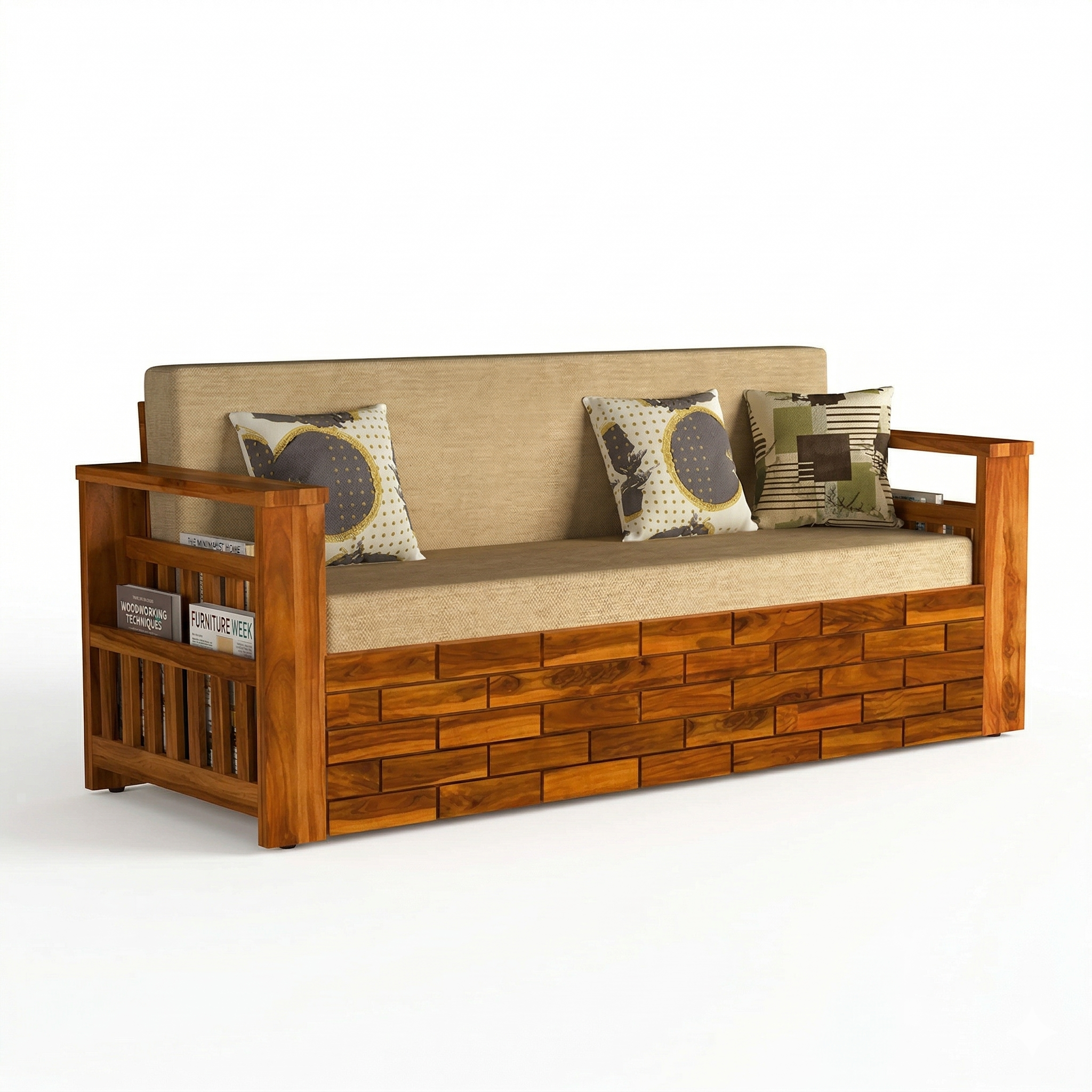 Solid Wood Sofa Cum Bed With Plush Cushioning & Easy Conversion