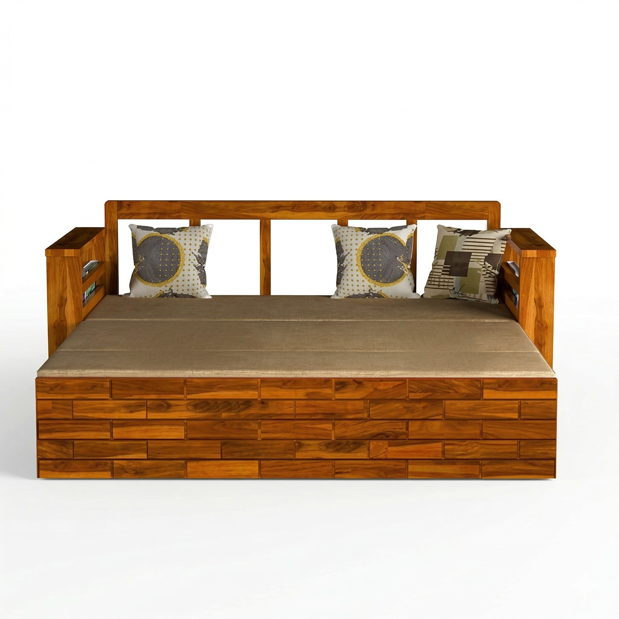 Solid Wood Sofa Cum Bed With Plush Cushioning & Easy Conversion