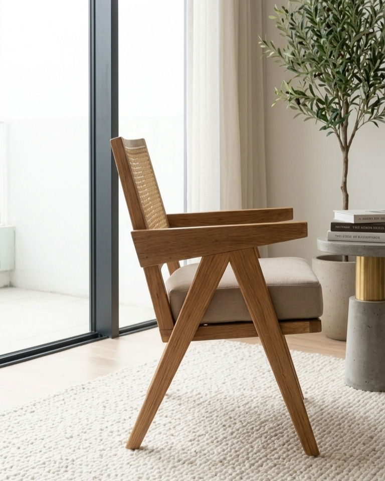 Solid Wood Accent Lounge Chair With Woven Cane Backrest