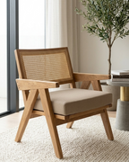 Solid Wood Accent Lounge Chair With Woven Cane Backrest