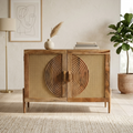 Solid Wood Cabinet With Woven Rattan & Carved Circular Design