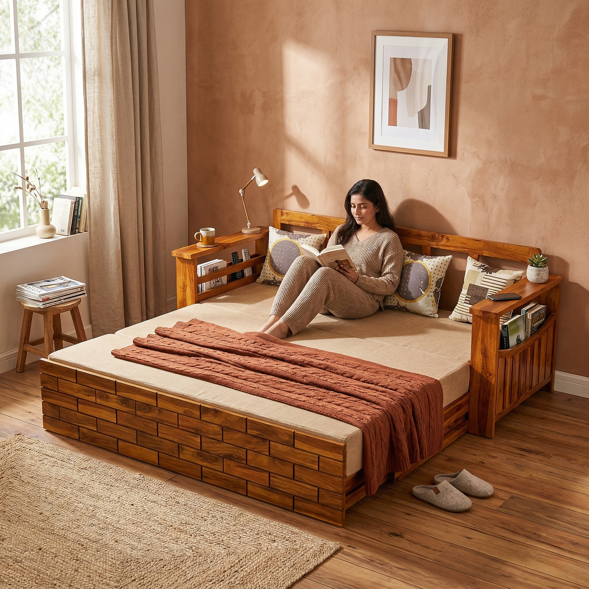 Solid Wood Sofa Cum Bed With Plush Cushioning & Easy Conversion