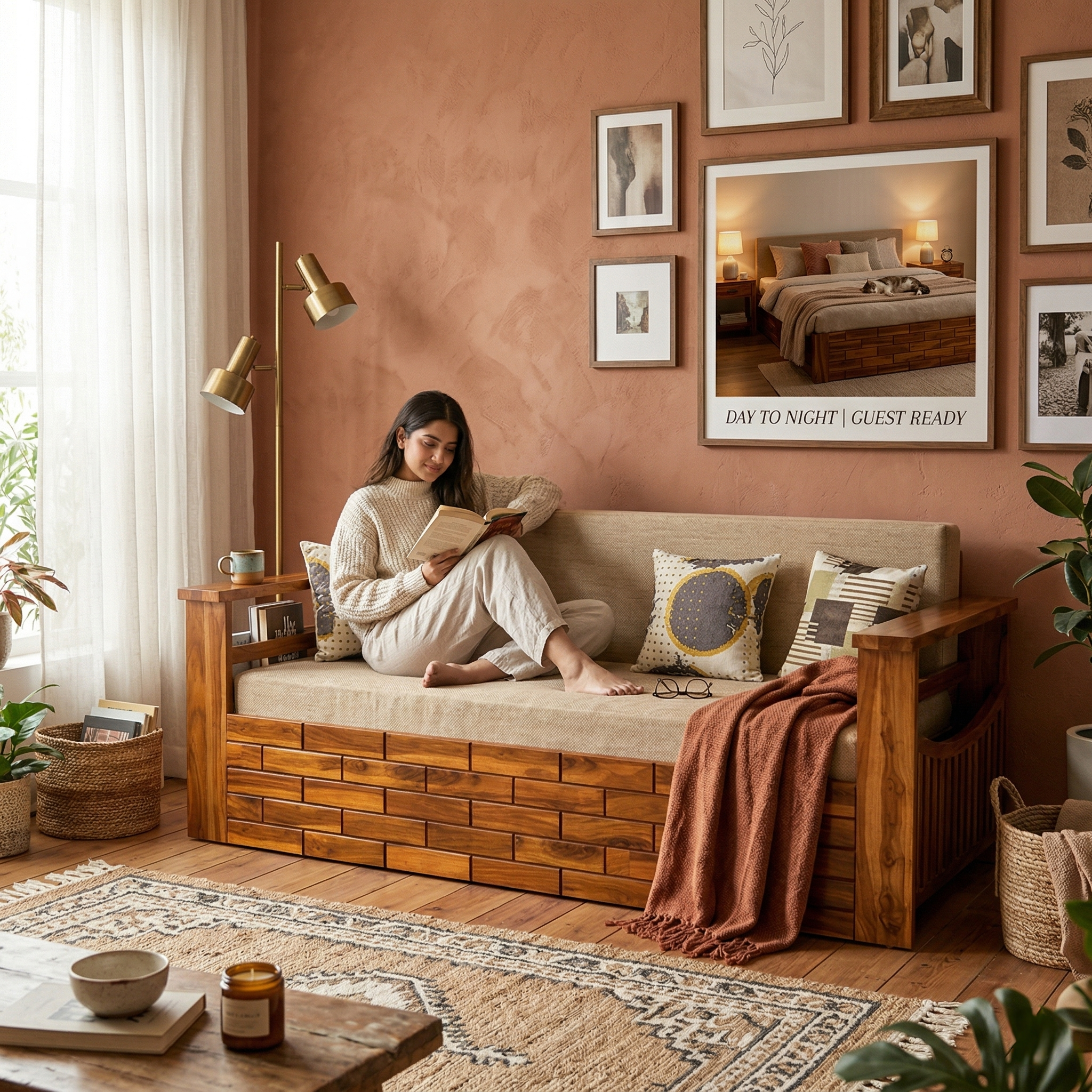 Solid Wood Sofa Cum Bed With Plush Cushioning & Easy Conversion