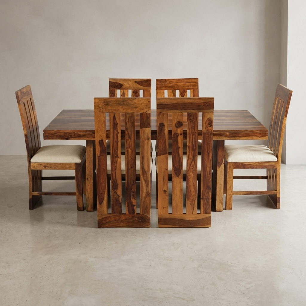 Solid Wood 6-Seater Dining Set With Classic Structure & Natural Finish