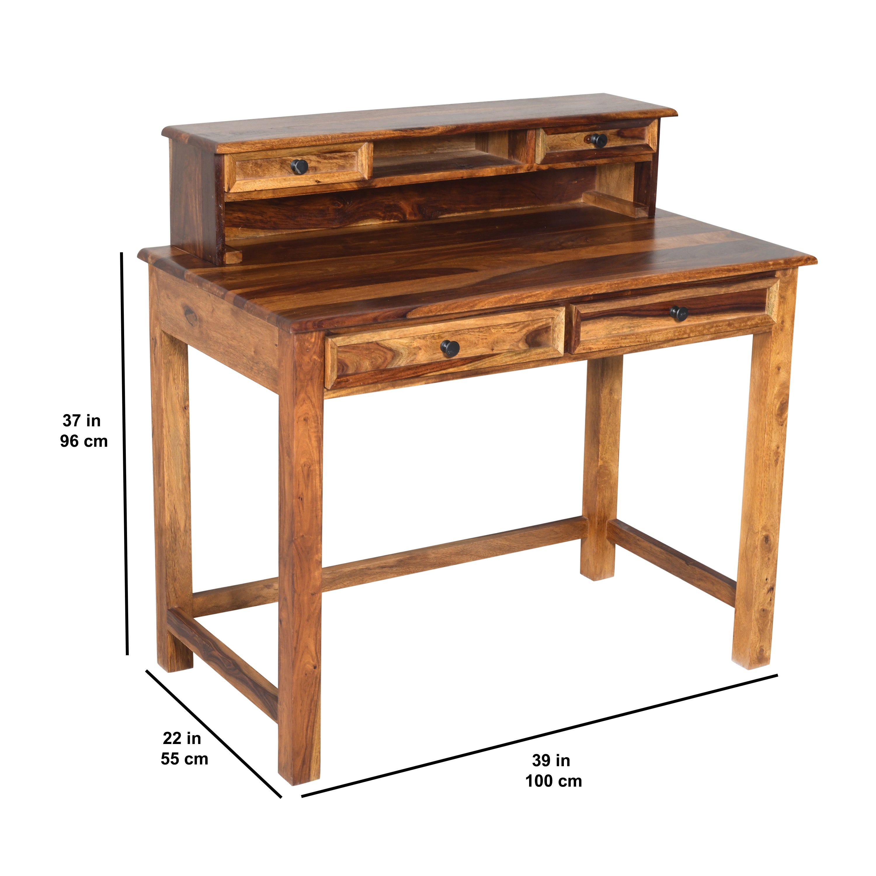 Solid Sheesham Wood Study Table with Hutch & Drawers