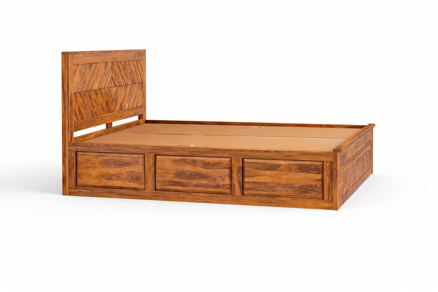 Solid Sheesham Wood Bed with Square Cut Pattern & Drawer Storage