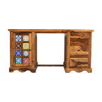 Solid Sheesham Wood Study Desk with Hand-Painted Tile Cabinet & 3 Drawers
