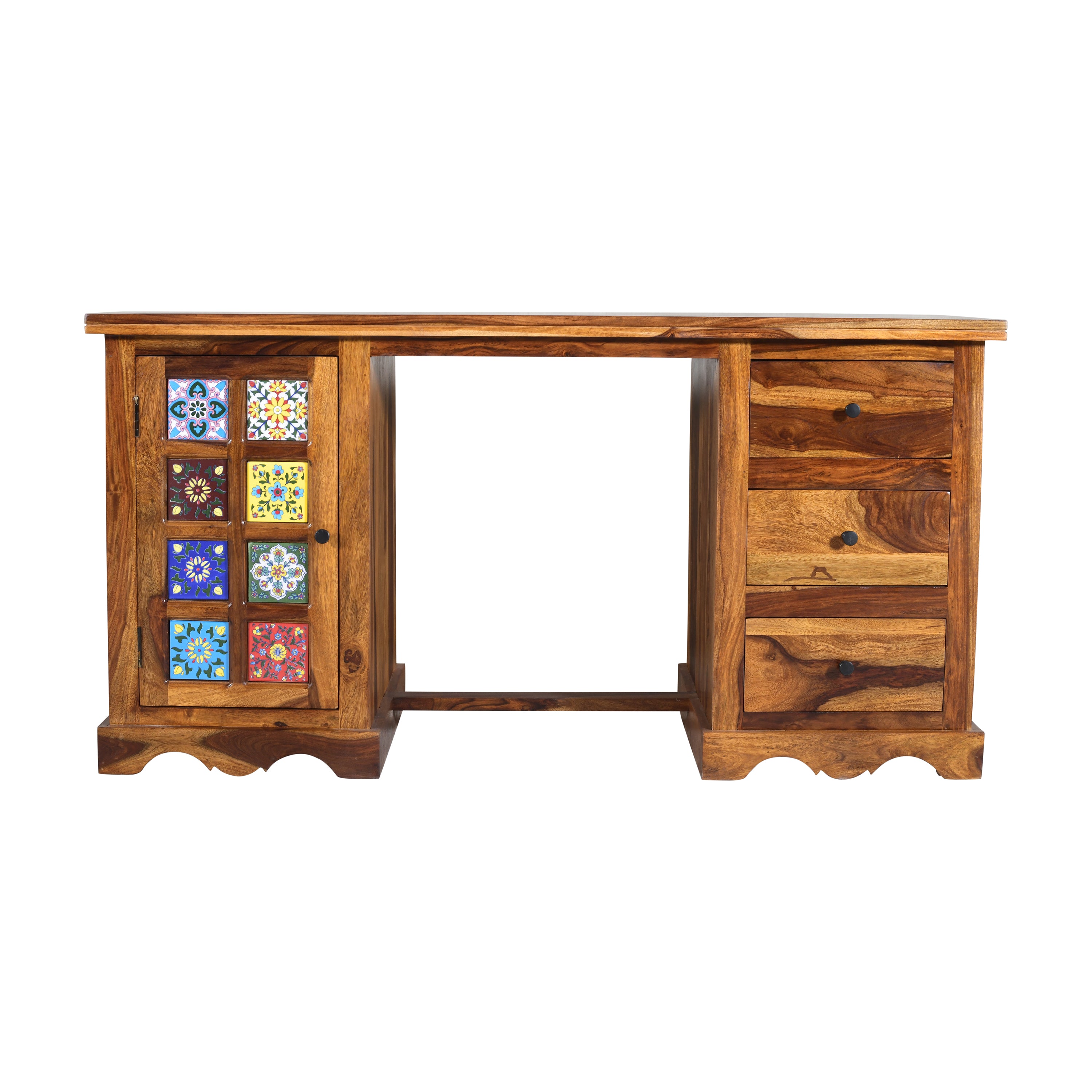 Solid Sheesham Wood Study Desk with Hand-Painted Tile Cabinet & 3 Drawers