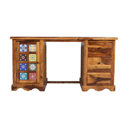 Boho siramika Solid Sheesham Wood Study Desk with Hand-Painted Tile Cabinet & 3 Drawers