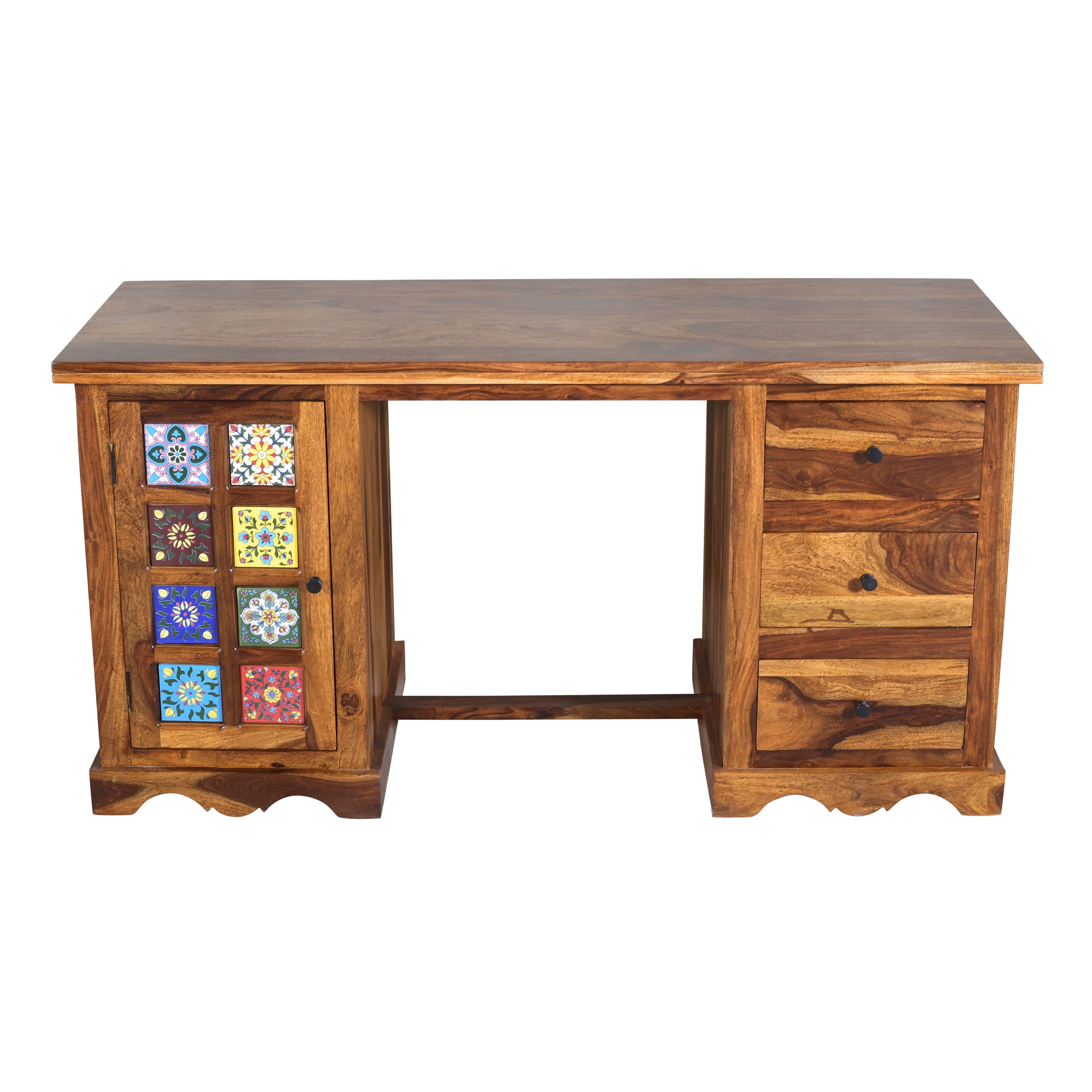 Solid Sheesham Wood Study Desk with Hand-Painted Tile Cabinet & 3 Drawers
