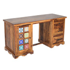 Solid Sheesham Wood Study Desk with Hand-Painted Tile Cabinet & 3 Drawers