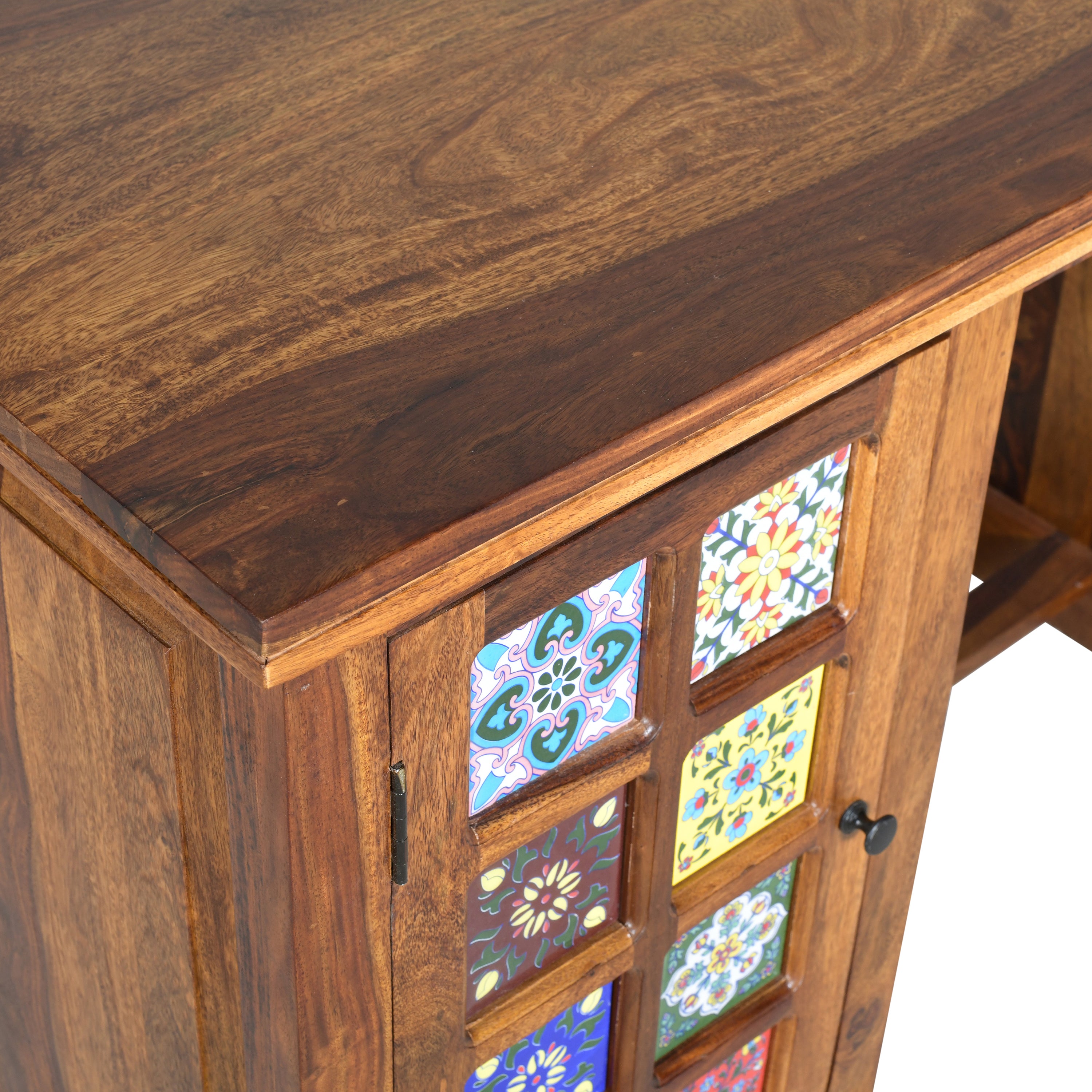 Solid Sheesham Wood Study Desk with Hand-Painted Tile Cabinet & 3 Drawers