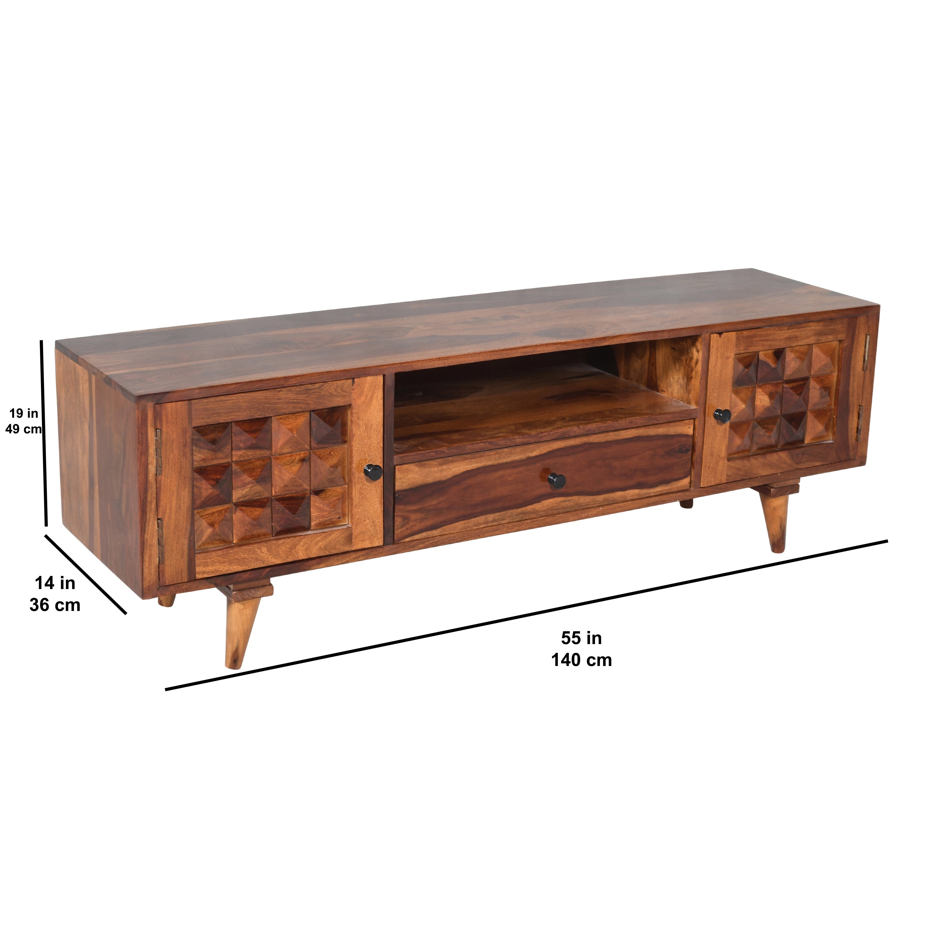 TVC Diamond Sheesham Wood TV Unit with wooden diamond fitted doors