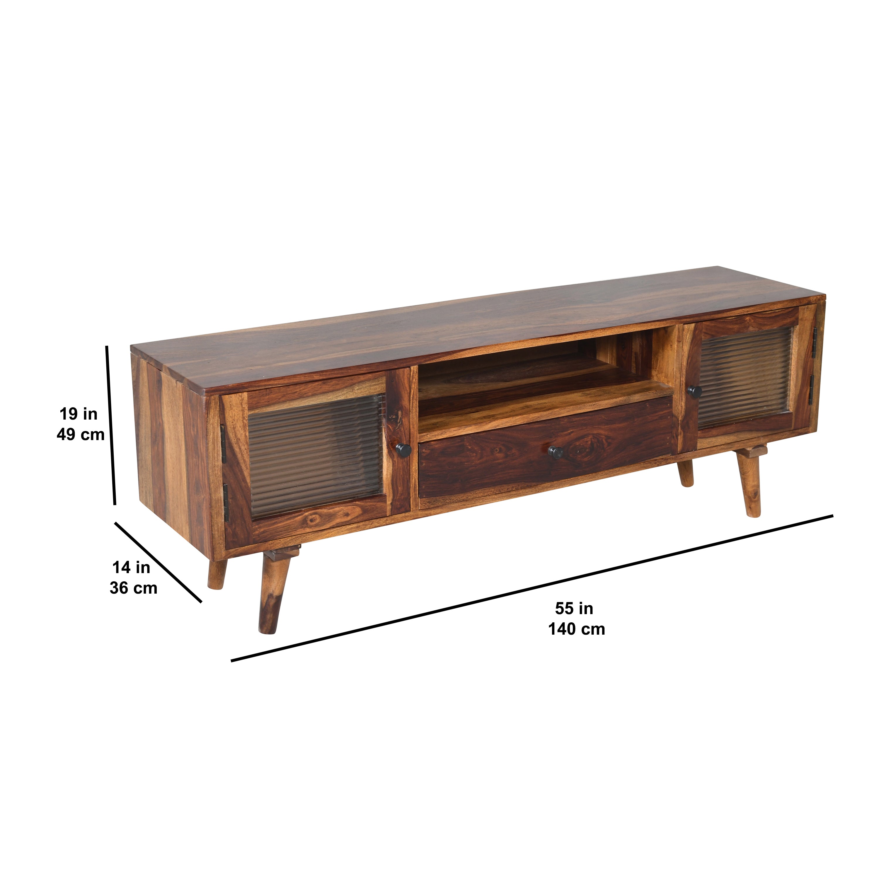 Flow glass Solid Wood TV Unit with Ribbed Glass Doors & Drawer Storage