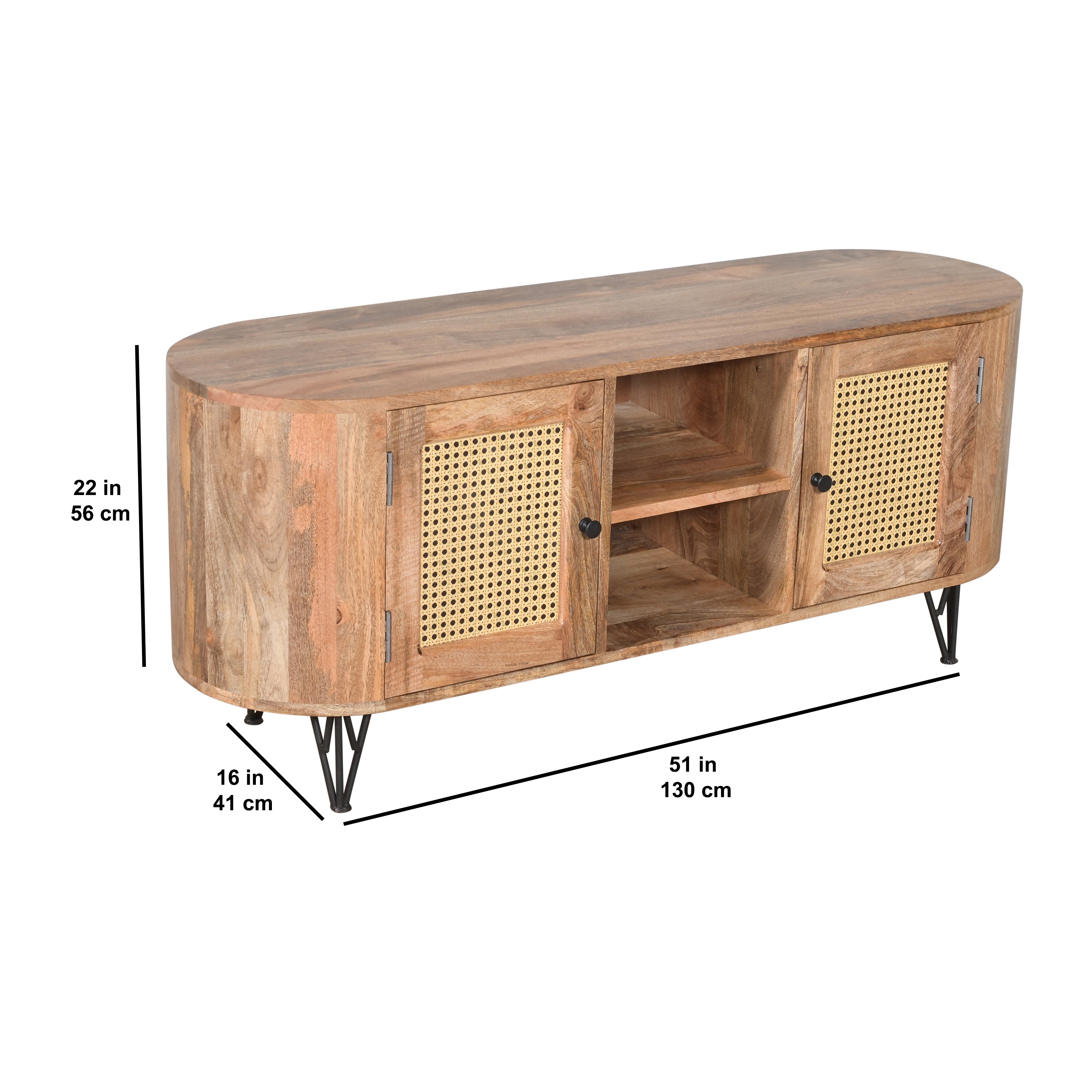 Solid Wood TV Unit with Cane Doors & Curved Design