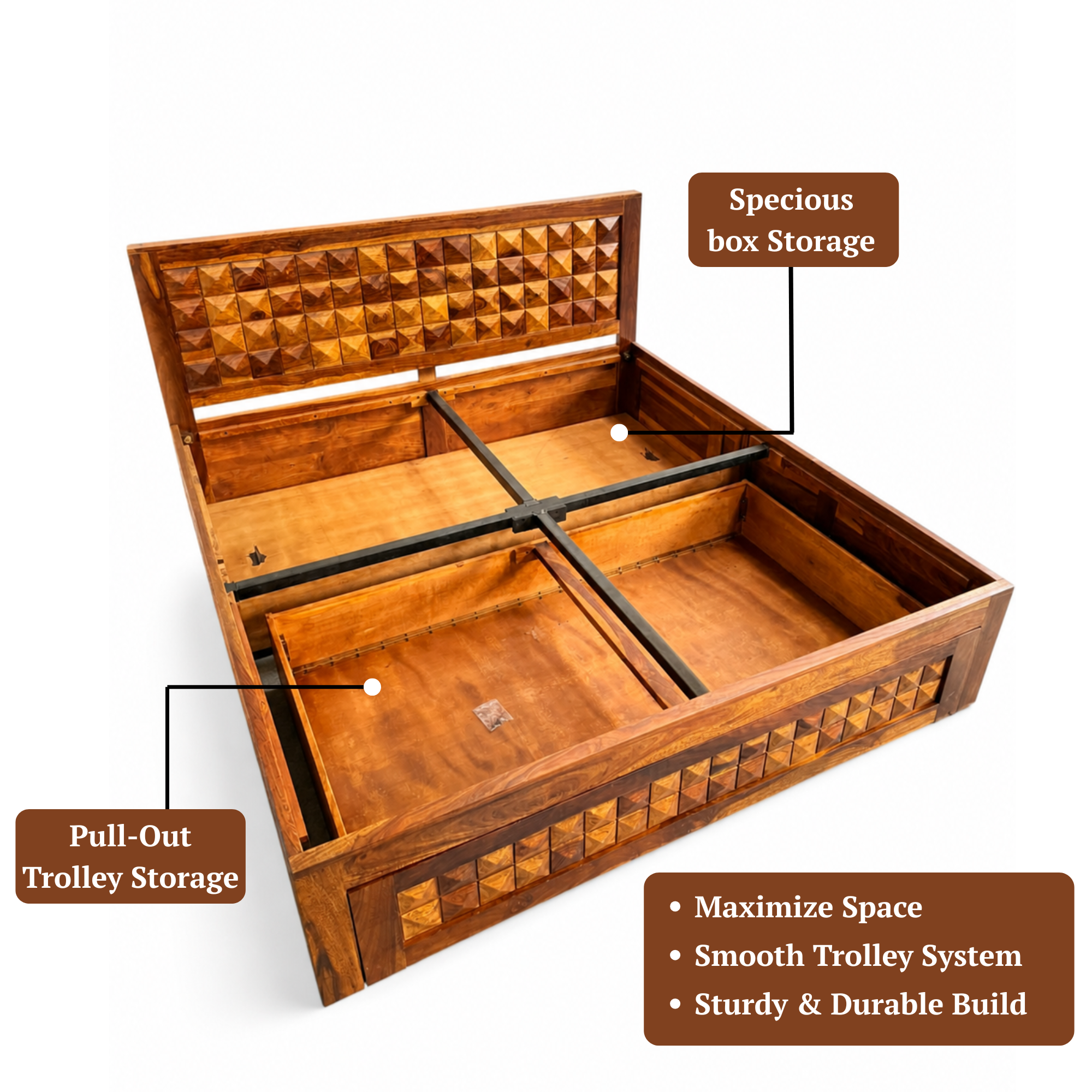 Diamond Solid Sheesham Wood Bed with Diamond Carved Headboard and Drawer Storage