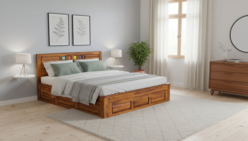 Bed Siramika – Solid Sheesham Wood Bed with Ceramic Tile Headboard Design