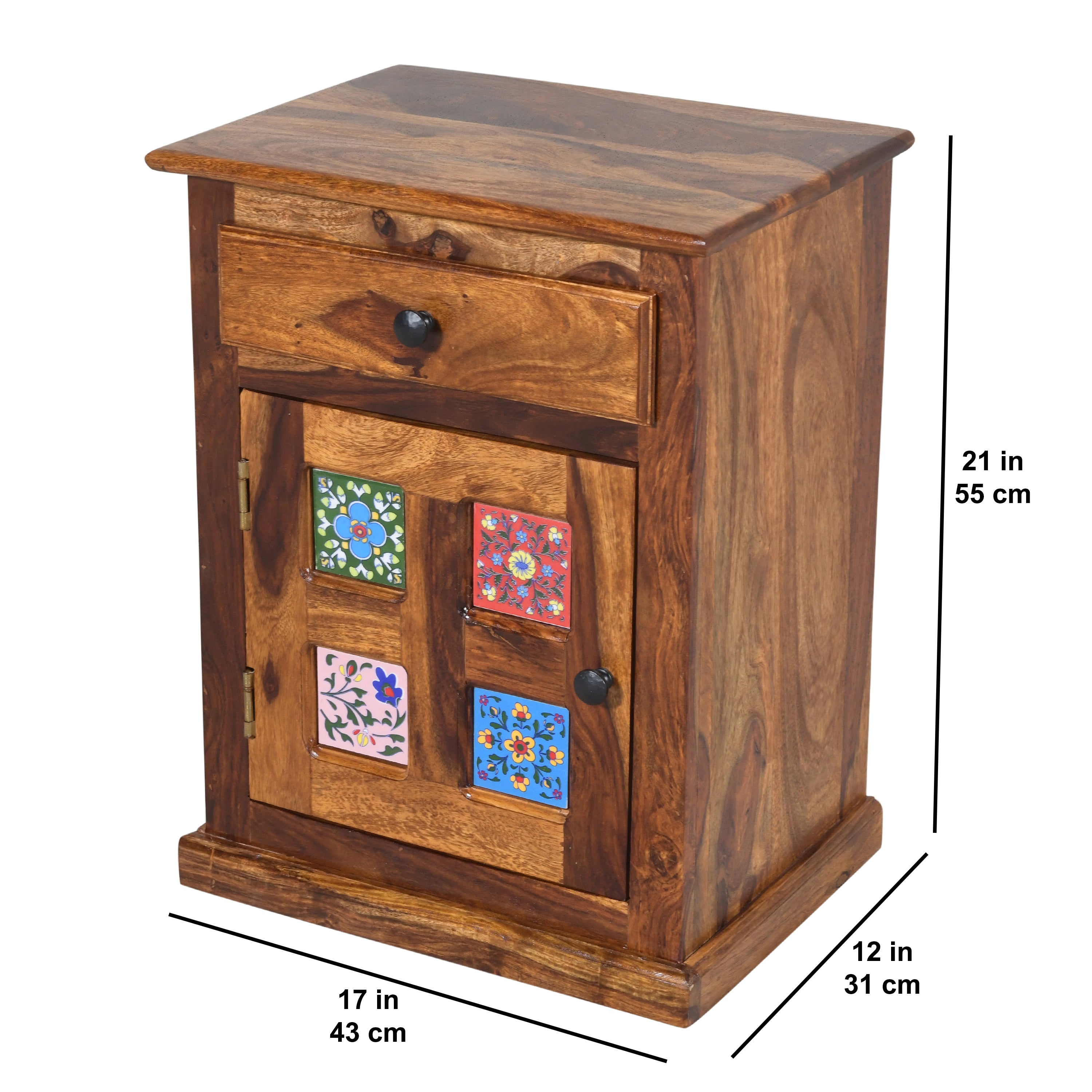 Siramika Sheesham wood Bedside Cabinet with ceramic tiles