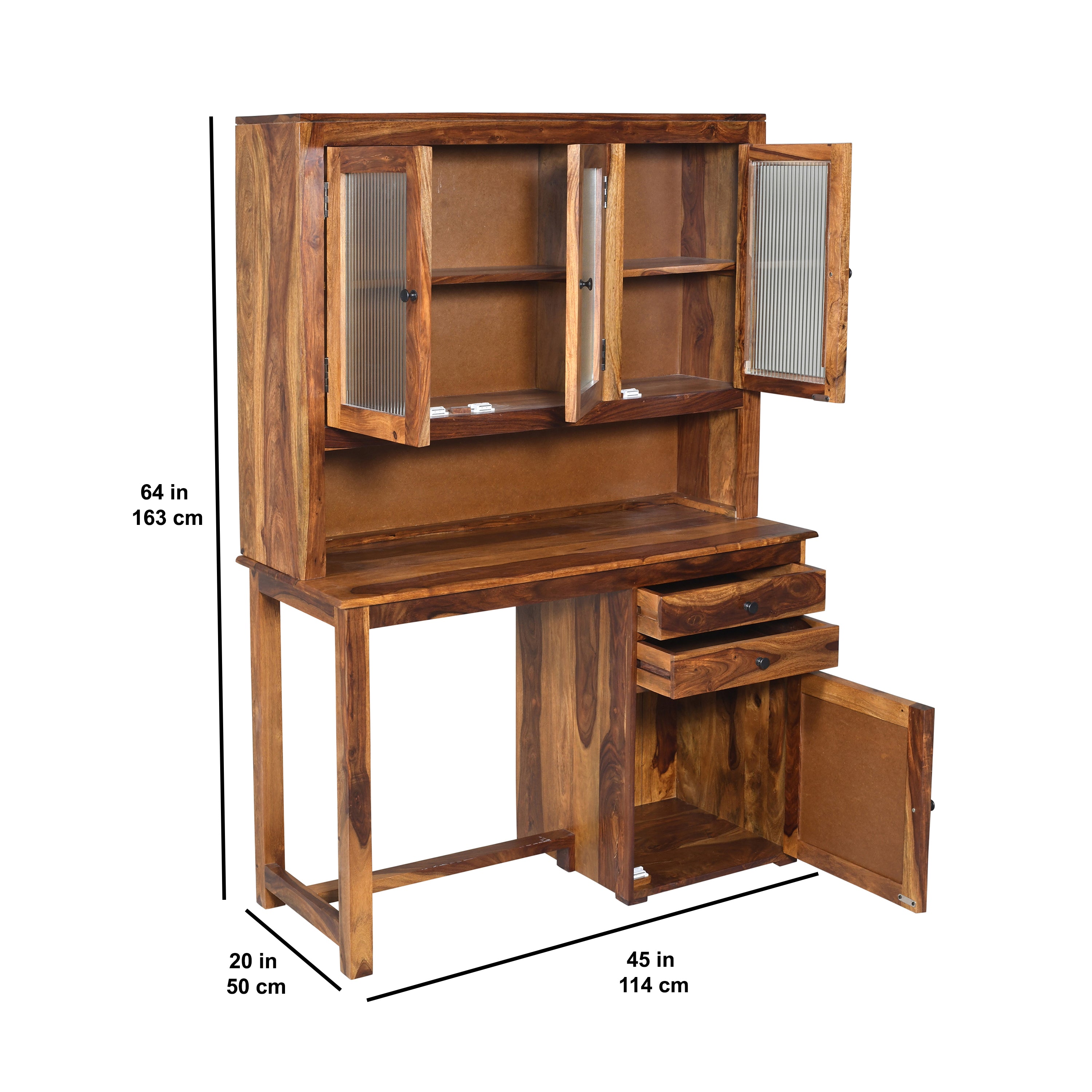 Solid Sheesham Wood Study Desk with Hutch,Glass Cabinets & Storage