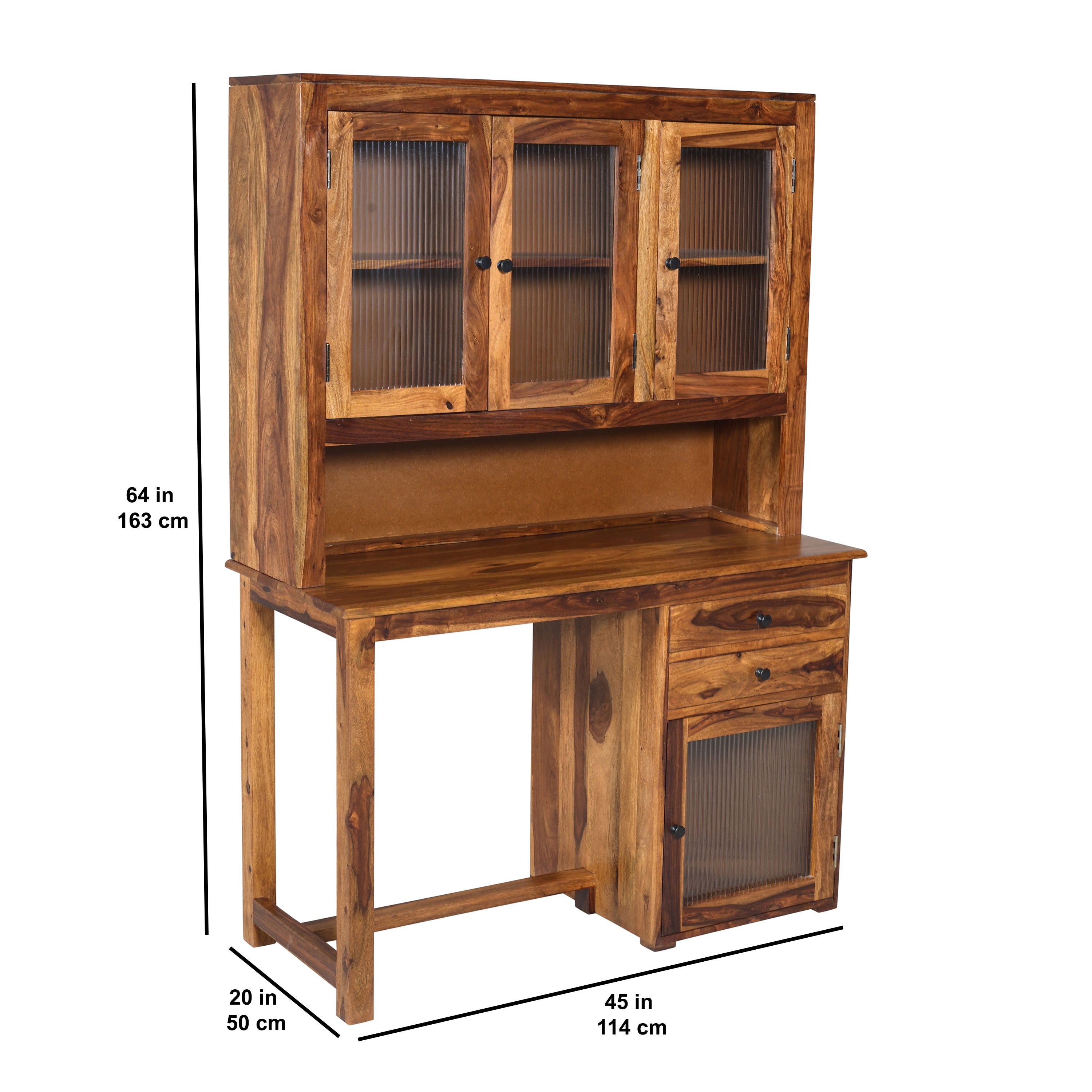 Solid Sheesham Wood Study Desk with Hutch & Storage Cabinet