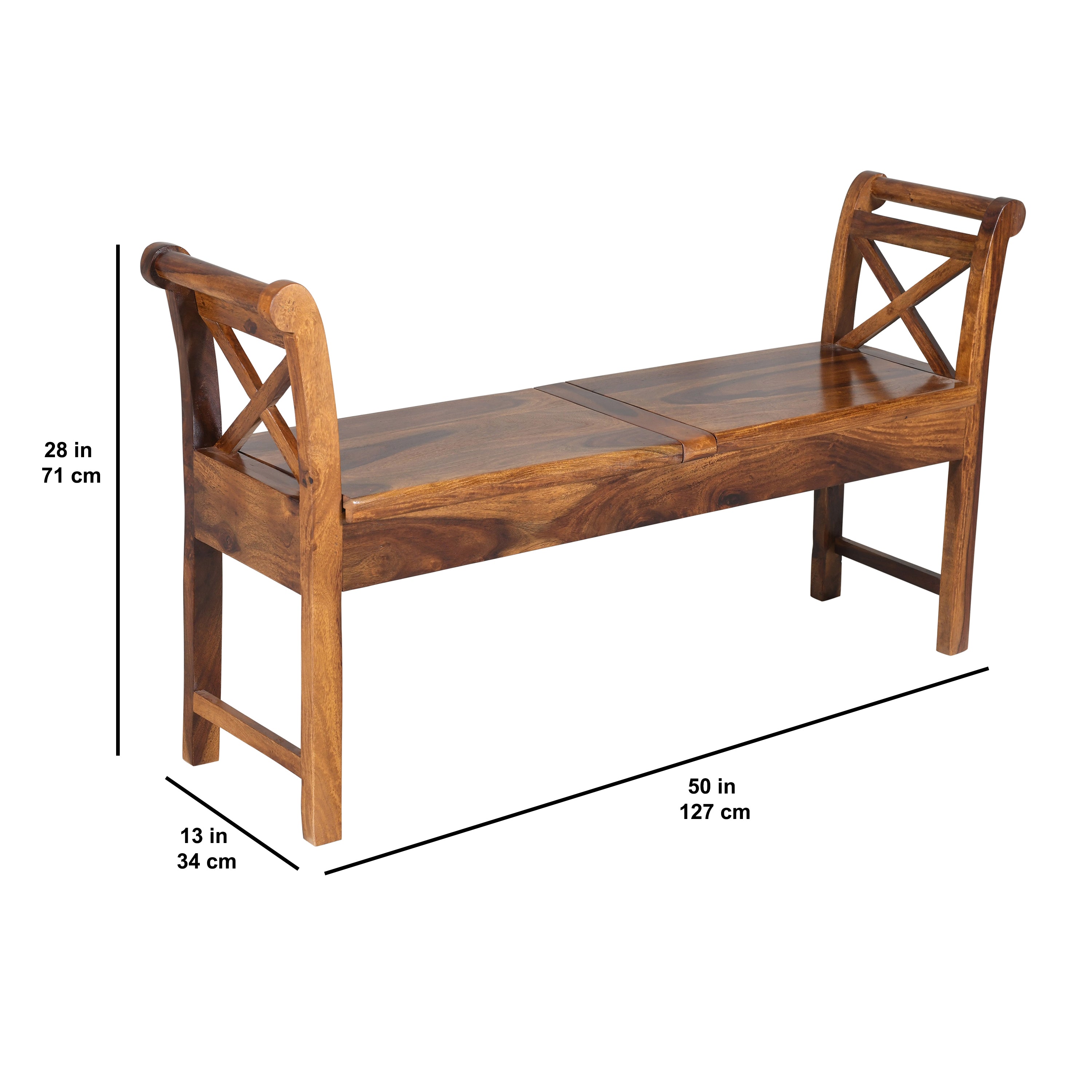 Solid Sheesham Wood Storage Bench with Lift-Top Seats