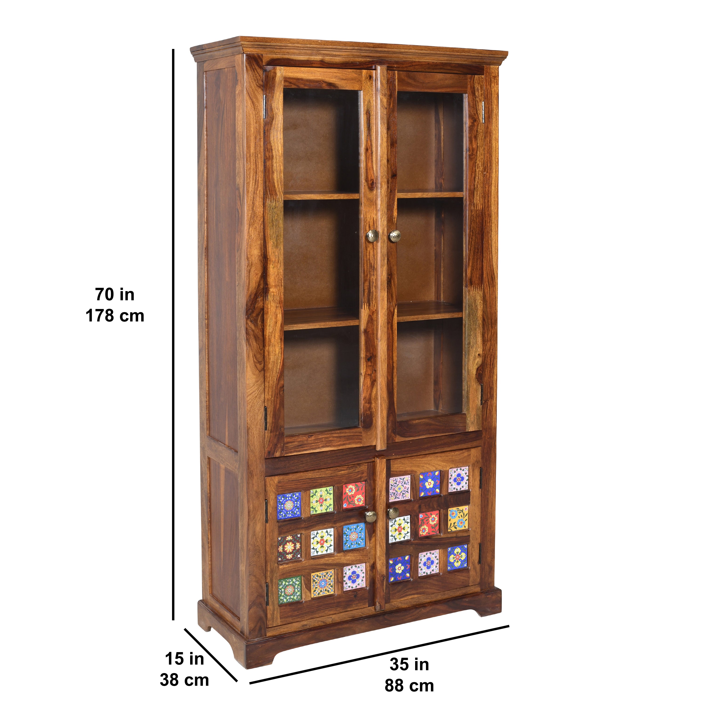 Crockery siramika Sheesham Crockery Cabinet with glass door and ceramic tiles