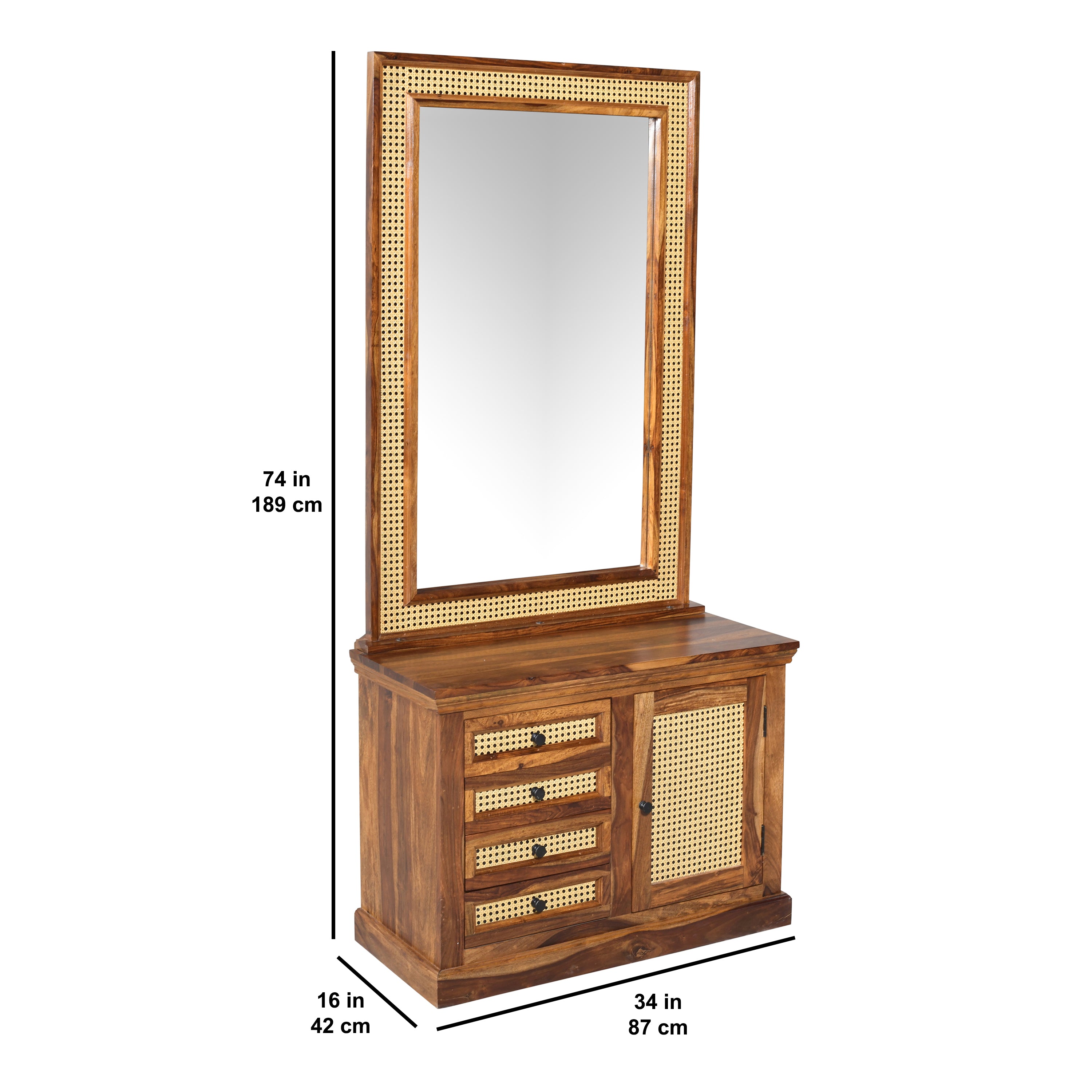 Solid Sheesham Wood Dressing Table with Cane Panel Design, Mirror, Drawers & Cabinet