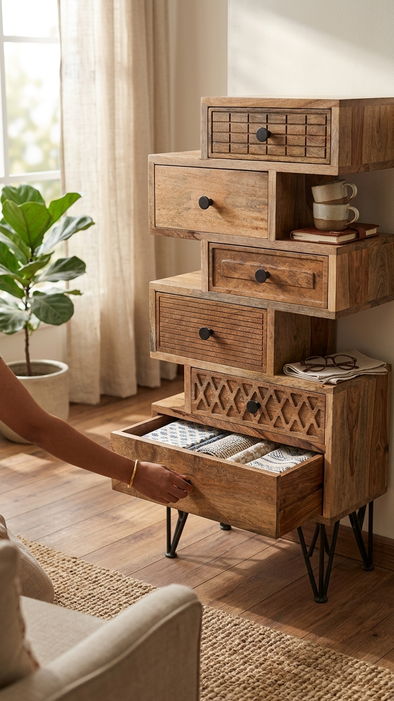 Solid Wood Corner Shelf with Drawer
