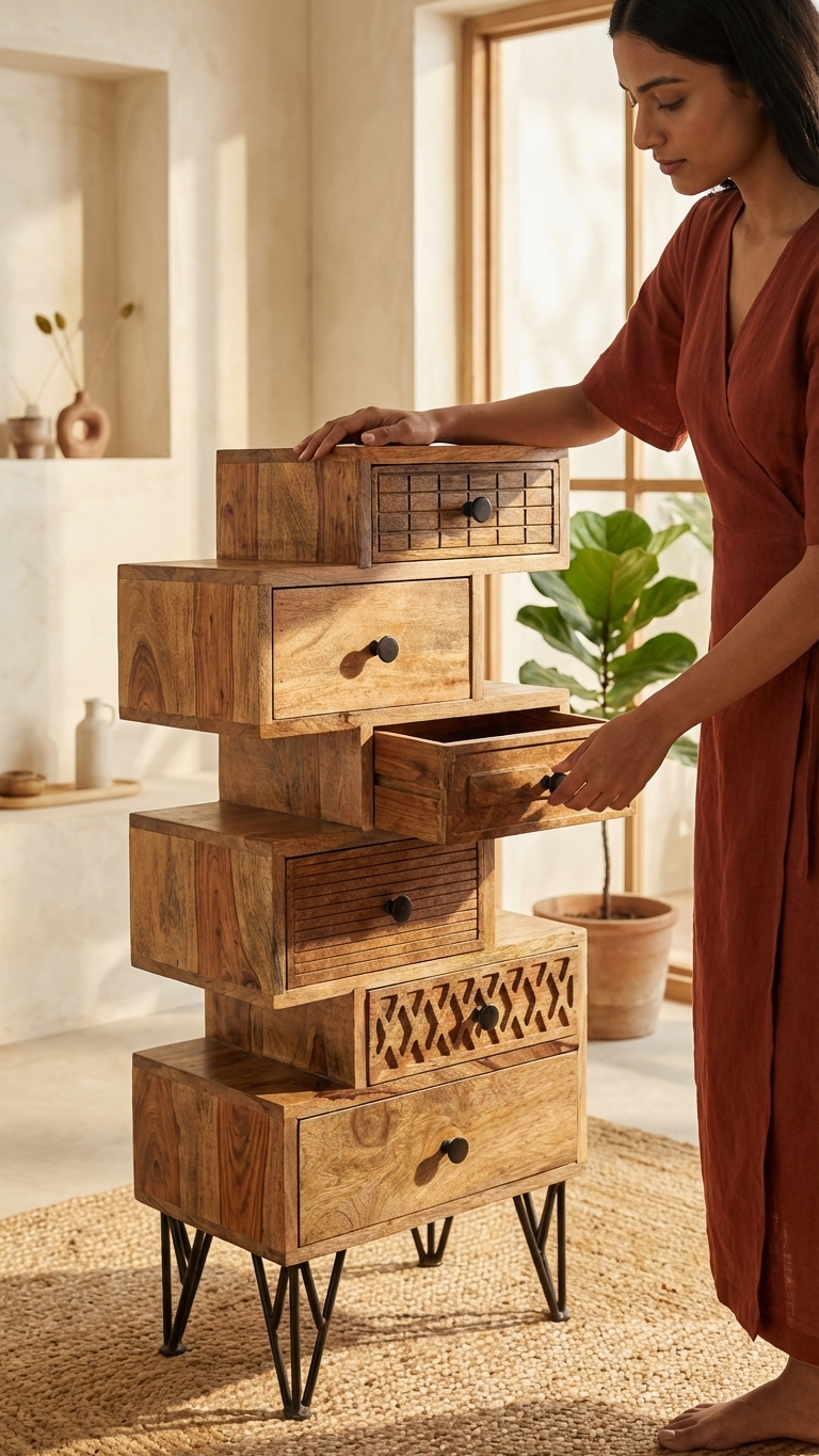 Solid Wood Corner Shelf with Drawer