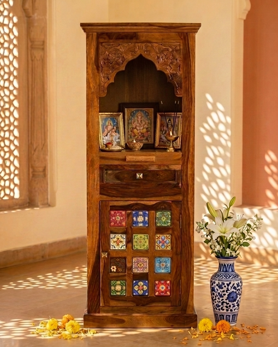 Wooden Mandir with Decorative Ceramic Tiles