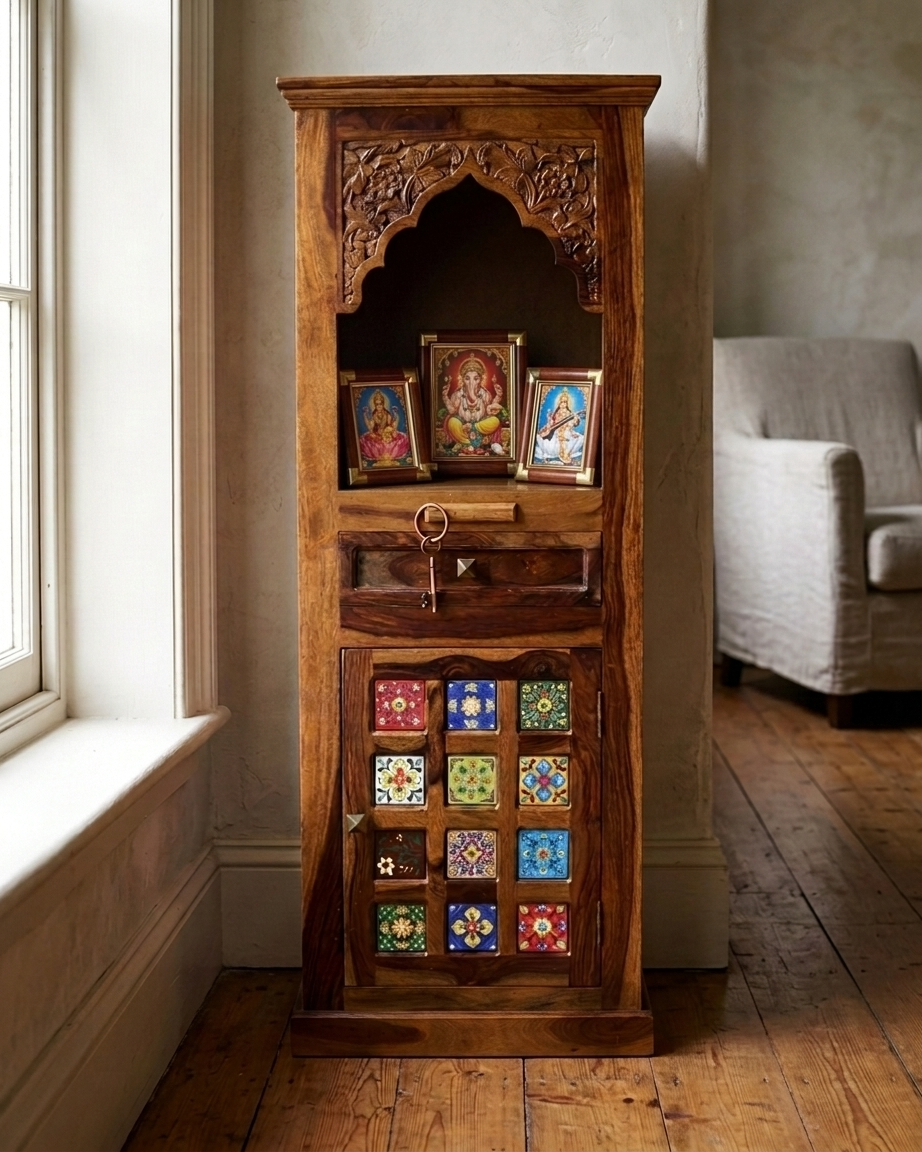 Wooden Mandir with Decorative Ceramic Tiles