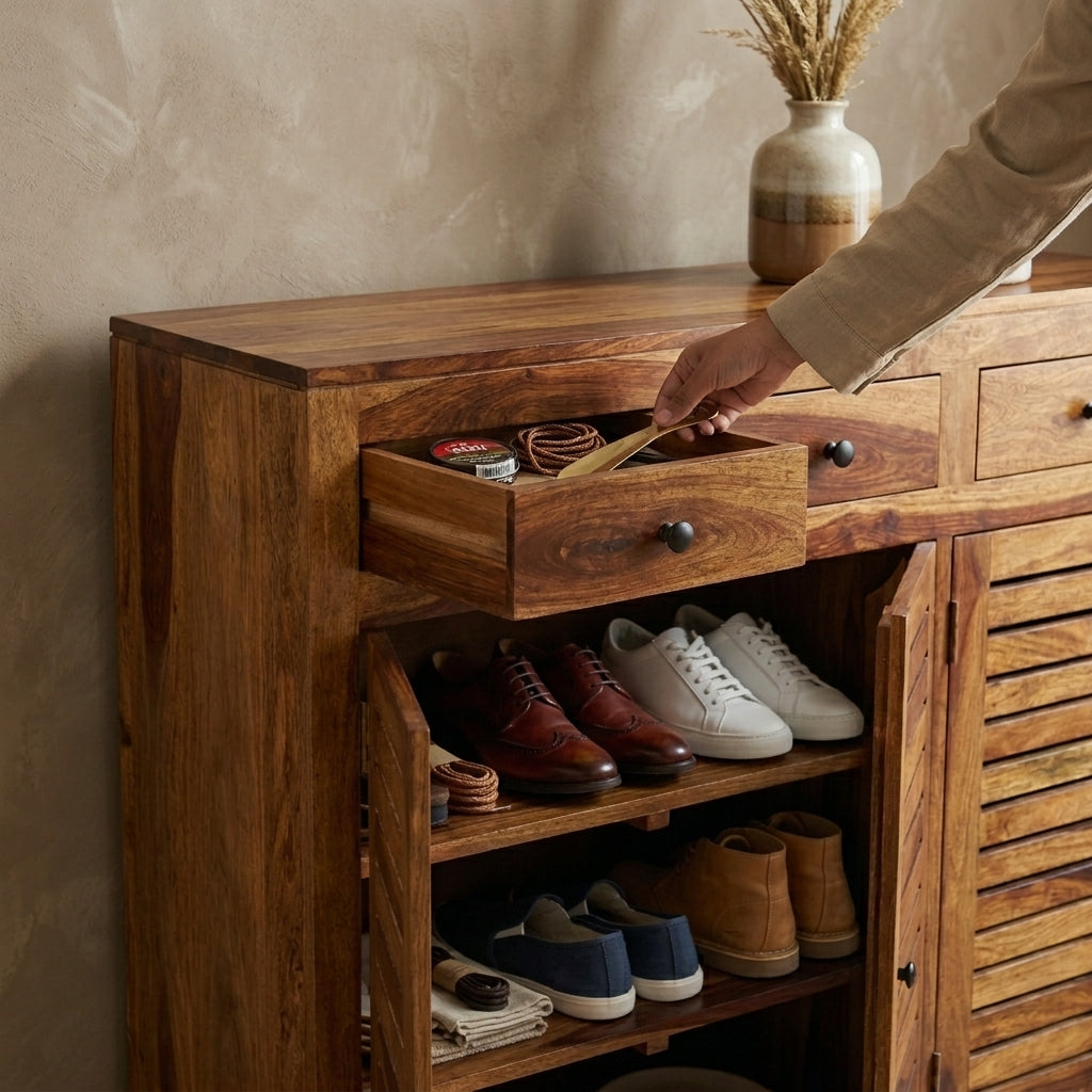 Rustica Solid Wood Storage Shoerack Cabinet (Honey Finish)