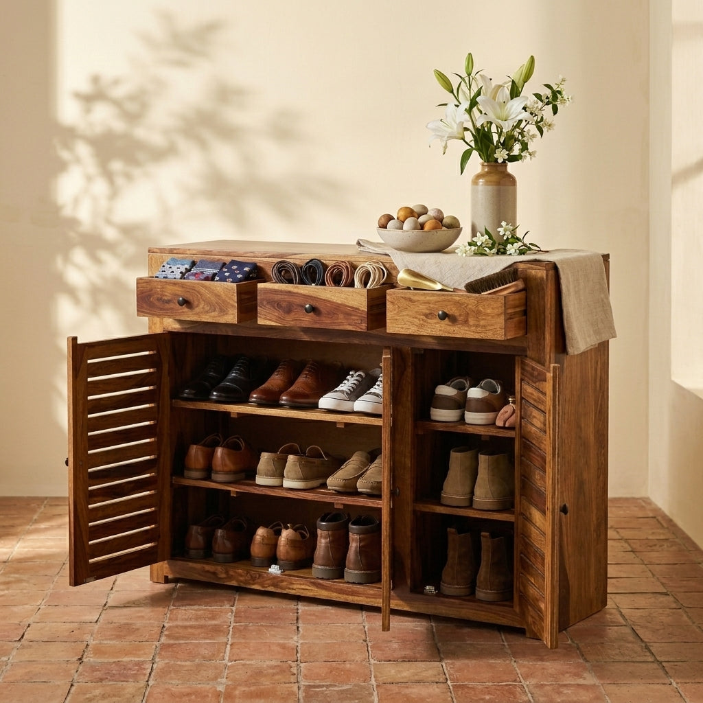 Rustica Solid Wood Storage Shoerack Cabinet (Honey Finish)