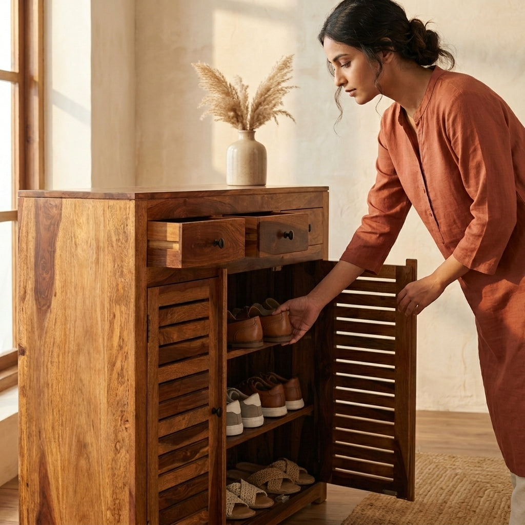 Rustica Solid Wood Storage Shoerack Cabinet (Honey Finish)