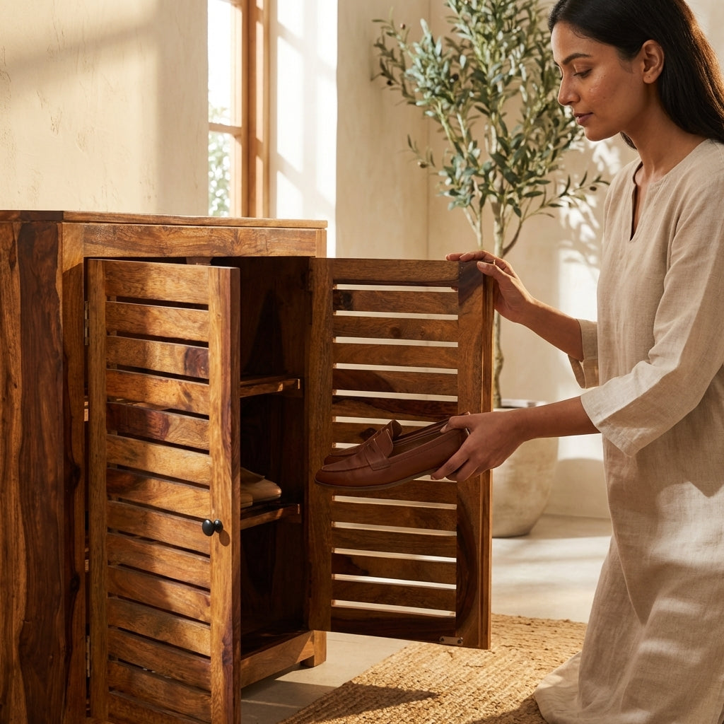 Compact Rustica Solid Wood Storage Shoerack Cabinet (Honey Finish)