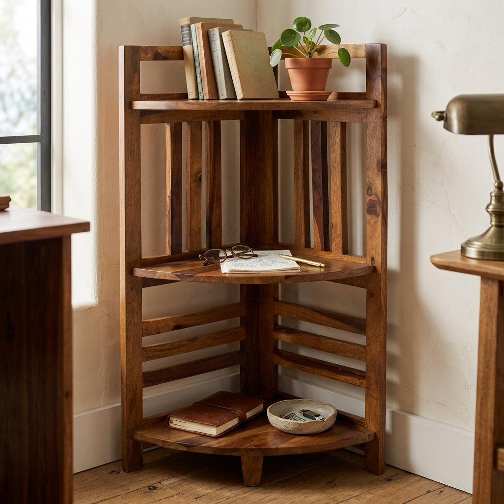 Rustica Handcrafted Solid Wood Corner Shelf Unit with Honey Finish