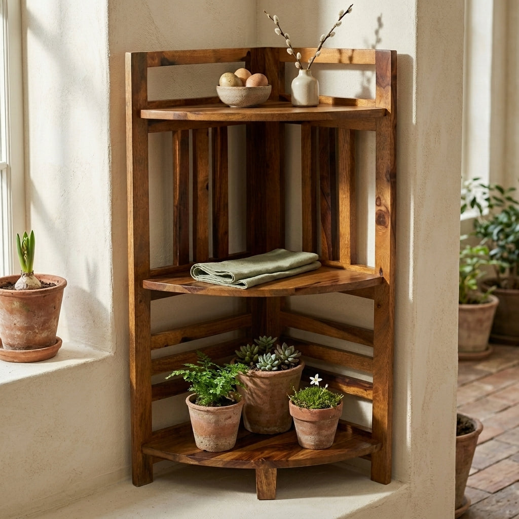 Rustica Handcrafted Solid Wood Corner Shelf Unit with Honey Finish