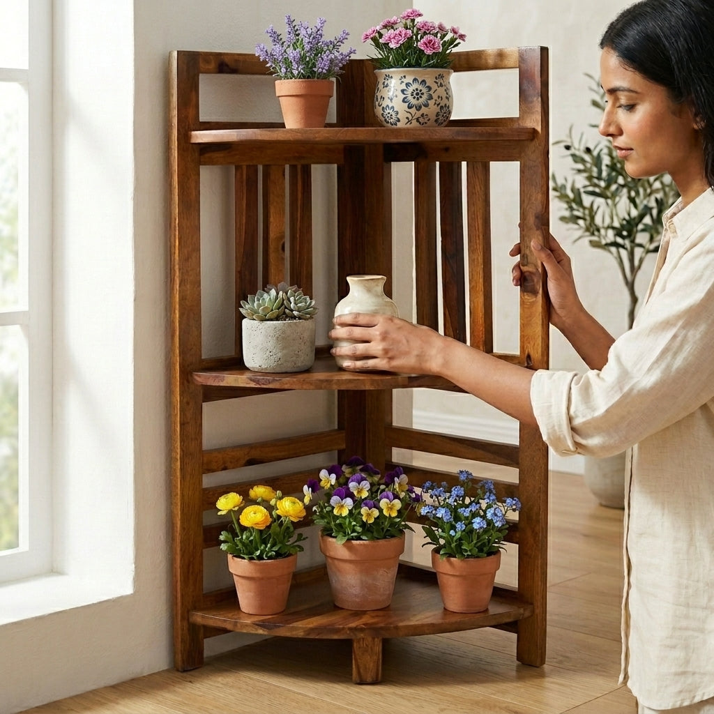 Rustica Handcrafted Solid Wood Corner Shelf Unit with Honey Finish